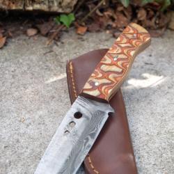 Couteau Tactical Urbain Tanto Damas Lame Acier 256 Couches Manche 2 Bois 3D Etui Cuir F Artisanale