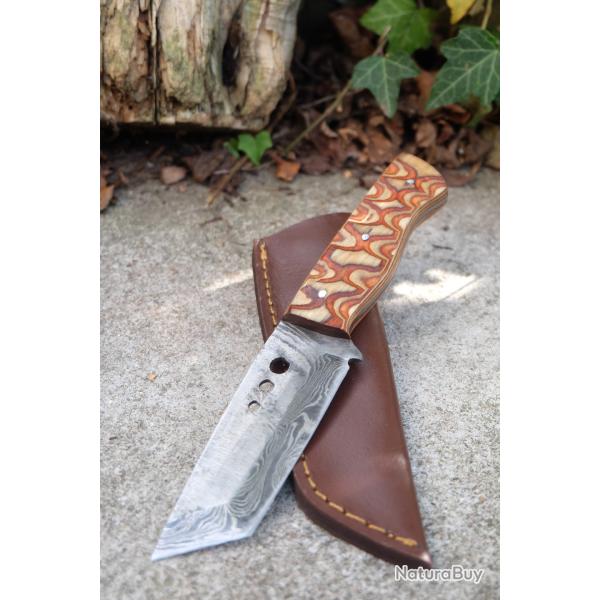 Couteau Tactical Urbain Tanto Damas Lame Acier 256 Couches Manche 2 Bois 3D Etui Cuir F Artisanale