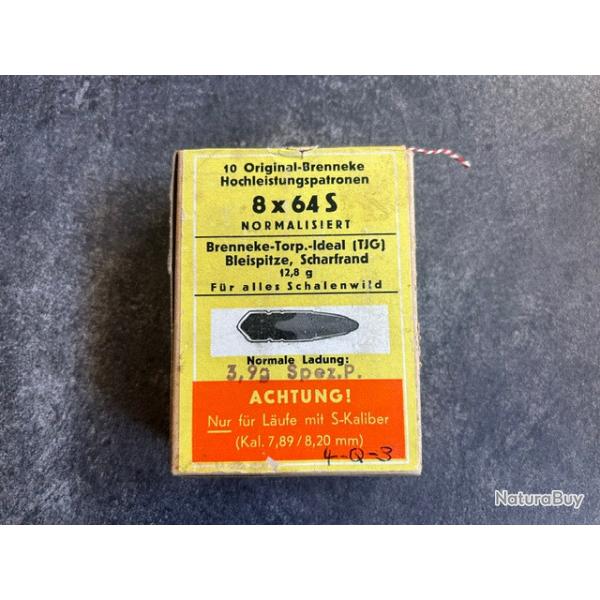 Boite de 10 cartouches 8 x 64 S Brenneke - balle TJG de 12.8 g  - PRIX PORT COMPRIS