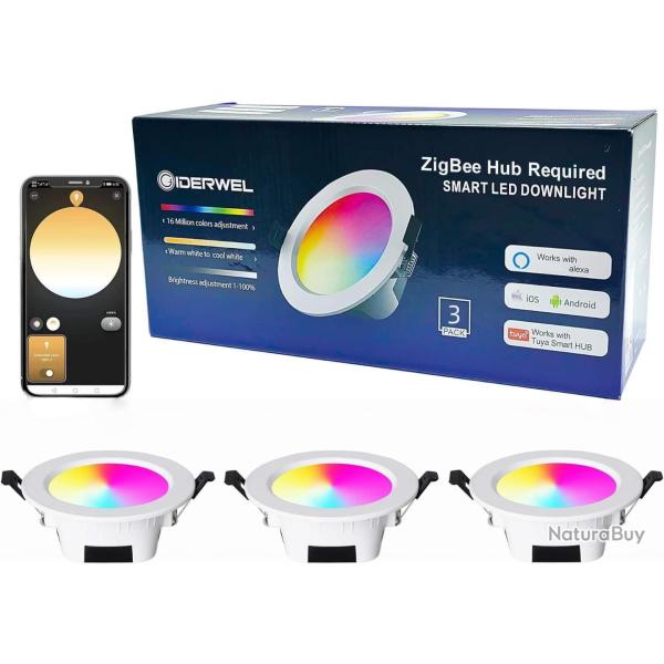 Lot de x3 Spot LED encastrable � intensit� variable RVB blanc chaud et Contr�le par application, sal