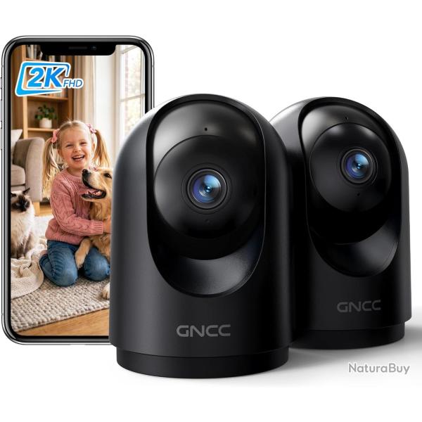 Lot de x2 Cam�ra Surveillance WiFi Int�rieure 2K 3MP B�b�/Animaux Noir 2.4/5GHz, Vision Nocturne Inf