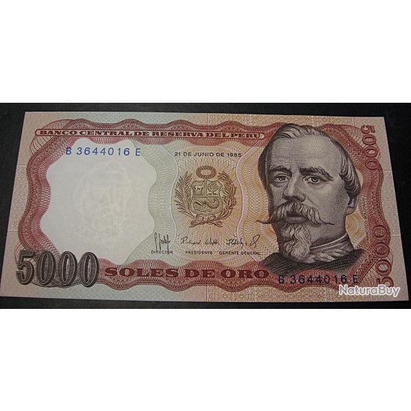 Perou , billet de 5000 soles de oro  1985 superbe