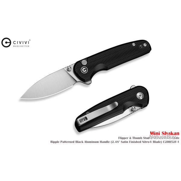 Couteau Pliant Civivi Mini Shakan Lame Acier Nitro-V Manche Aluminium Noir Button Lock CIVC20052F1