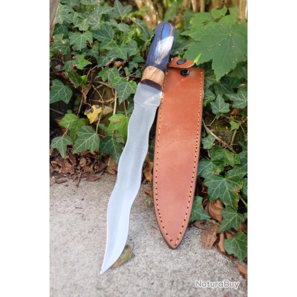 Poignard Puukko Couteau Lame Acier Carbone 1055 Kriss Manche 2 Bois Fabric Artisanale Etui Cuir