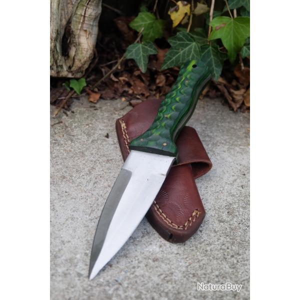 Couteau L'Irlandais Dague Lame Acier Carbone 1055 Manche Bois Etui Cuir Port Horizon Fabr Artisanale