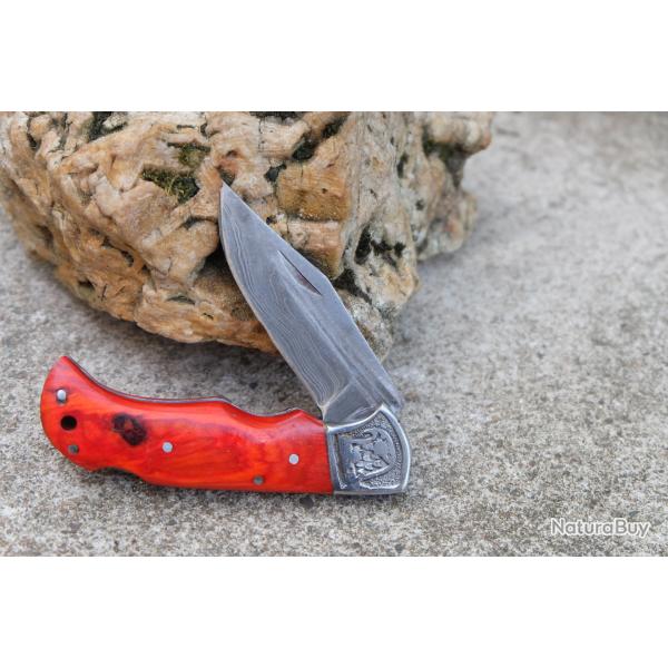 Couteau Lame Damas 128 Couches Style Buck 112 Manche Bois Rubis Aigle Lockback Fabric Artisanale