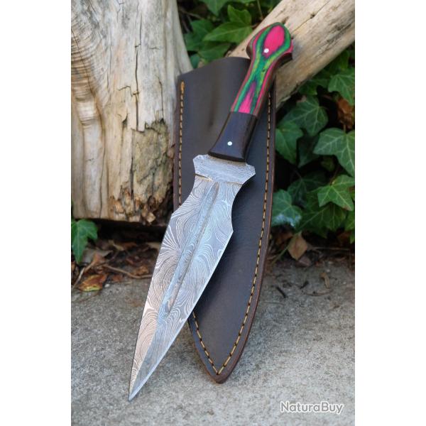 Grand Couteau Dague Lame Acier Damas 256 Couches Manche Bois Cam�l�on Etui Cuir Fabric Artisanale 01
