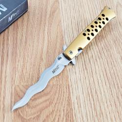 Couteau Semi Automatique MTech Kriss Lame Wavy Acier 3Cr13MoV Manche Alu Anodis&eacute; Or Liner Lock 42WG