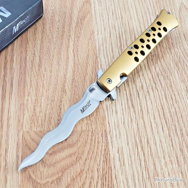 Couteau Semi Automatique MTech Kriss Lame Wavy Acier 3Cr13MoV Manche Alu Anodis� Or Liner Lock 42WG