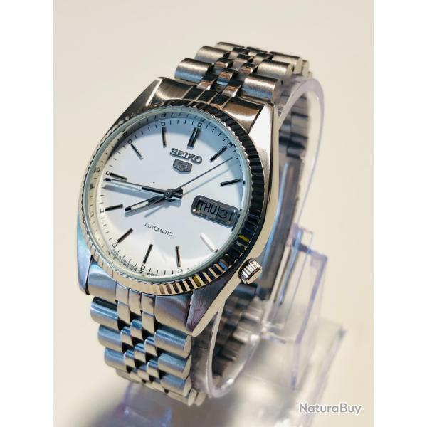 Montre Homme Seiko 5 Automatic Vintage - Cadran Blanc - Lunette Cannel�e