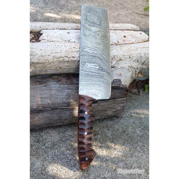 Couperet de Cuisine Style Japonais Kiritsuke Damas Lame 256 Couches Manche Bois 3D Fabric Artisanale