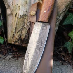 Couteau Dague Lame Acier Damas 256 Couches Manche Bois Olivier Etui Simili Cuir Fabric Artisanale