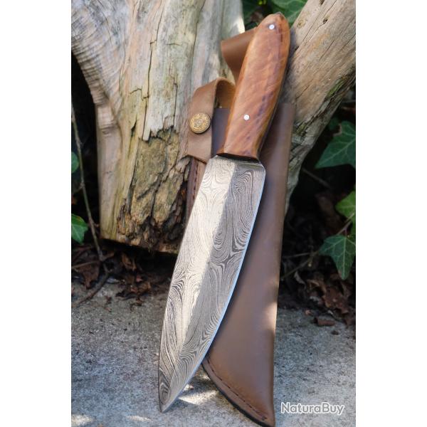 Couteau Dague Lame Acier Damas 256 Couches Manche Bois Olivier Etui Simili Cuir Fabric Artisanale