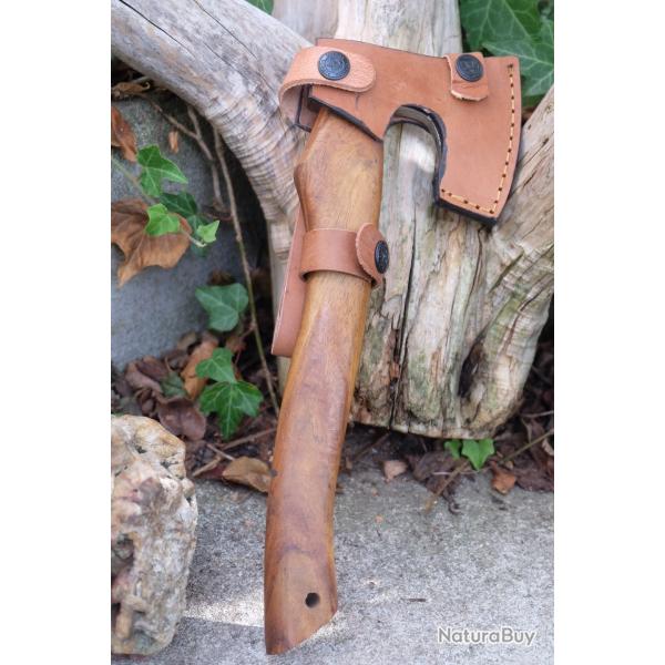 Mini Hache de Viking Ragnar Lothbrok Lame Acier Carbone 1055 Symboles Manche Bois Etui Cuir Artisan