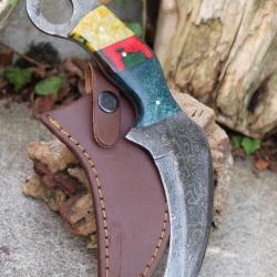 Couteau Karambit Lame Acier Damas 256 Couches Manche R&eacute;sine Etui Cuir Fabrication Artisanale