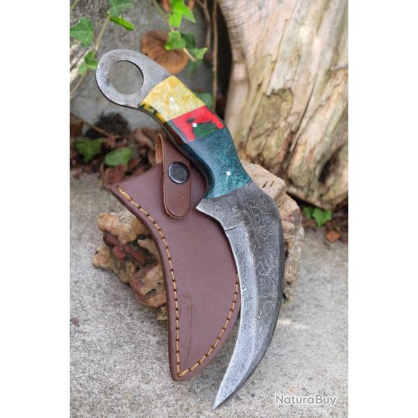 Couteau Karambit Lame Acier Damas 256 Couches Manche R�sine Etui Cuir Fabrication Artisanale