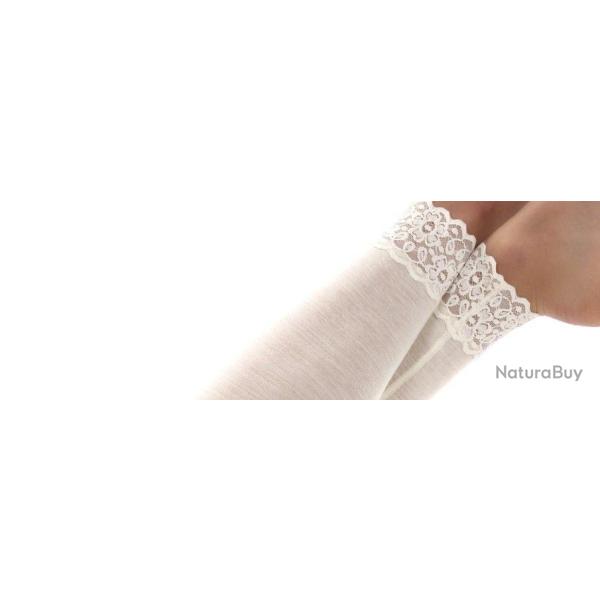 Leggings femme chaud pure laine m�rinos noir, �cru, dentelle blanc �cru L (large)