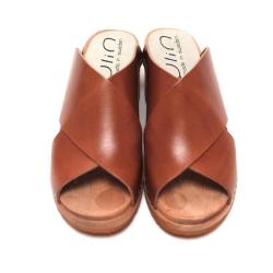 Sandale sabot femme mule nordique bois et cuir v&eacute;g&eacute;tal crois&eacute; - tamara 37 cognac