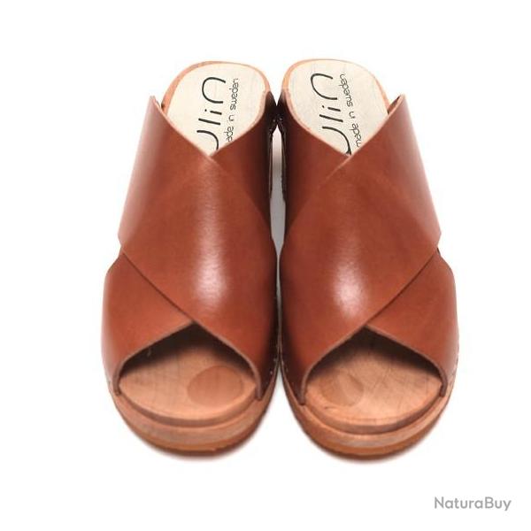 Sandale sabot femme mule nordique bois et cuir v�g�tal crois� - tamara 37 cognac