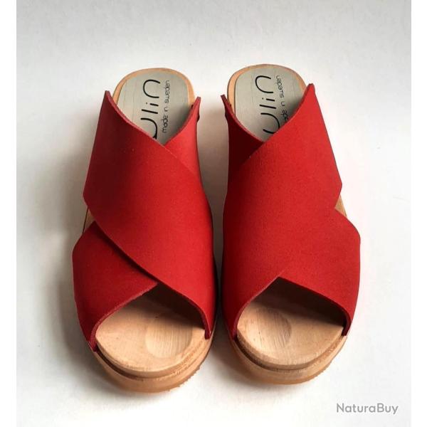 Sandale sabot femme mule nordique bois et cuir v�g�tal crois� - tamara rouge 41