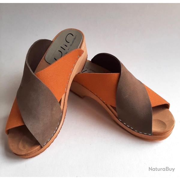 Sandale sabot femme mule nordique bois et cuir v�g�tal crois� - tamara 38 orange