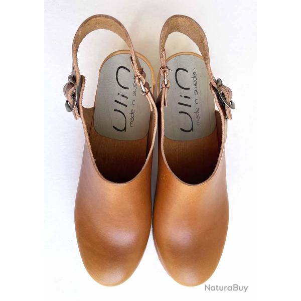 Sandales su�doises femme en bois � talons hauts et � brides articul�es 37 cognac