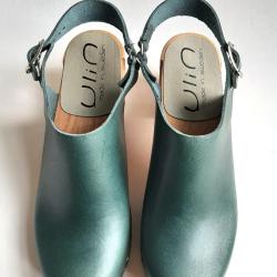 Sandales su&eacute;doises femme en bois &agrave; talons hauts et &agrave; brides articul&eacute;es 40 vert bleut&eacute;