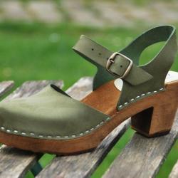 Chaussures femme bois et cuir nubuck talons hauts et brides 38 vert kaki