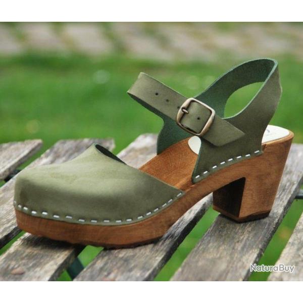 Chaussures femme bois et cuir nubuck talons hauts et brides 38 vert kaki