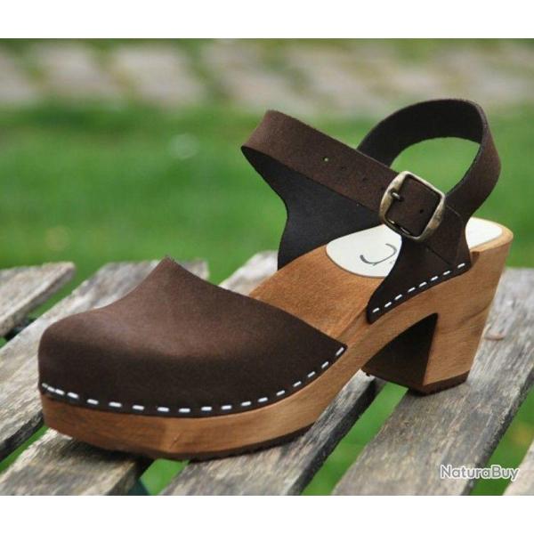 Chaussures femme bois et cuir nubuck talons hauts et brides 40 brun