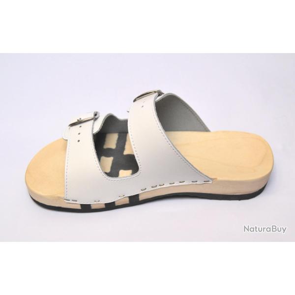 Claquettes bois en cuir double boucle avec semelle mixte bois et caoutchouc 39 cuir blanc