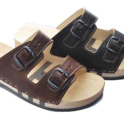 Claquettes bois en cuir double boucle avec semelle mixte bois et caoutchouc 39 cuir choco