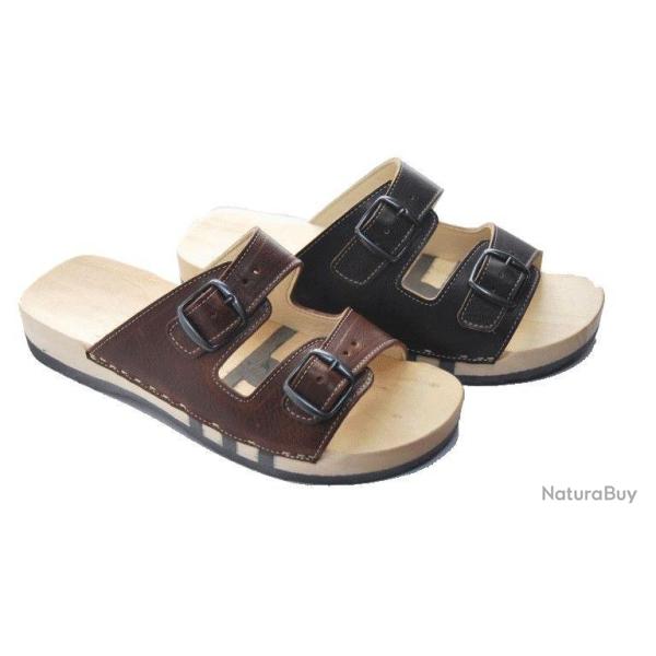 Claquettes bois en cuir double boucle avec semelle mixte bois et caoutchouc 39 cuir choco