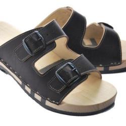 Claquettes bois en cuir double boucle avec semelle mixte bois et caoutchouc 37 cuir noir