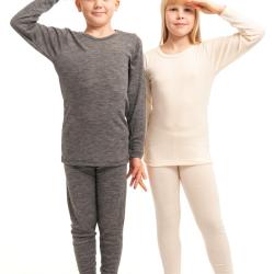 Maillot de corps ou Haut de pyjama enfant laine et soie ray&eacute; manches longues gris 130-140 cm