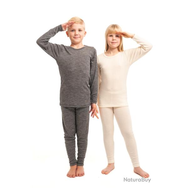 Maillot de corps ou Haut de pyjama enfant laine et soie ray� manches longues gris 130-140 cm