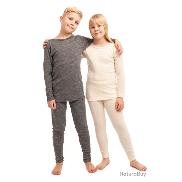 Leggings pantalon de pyjama enfant laine et soie ray� blanc �cru 110-120 cm