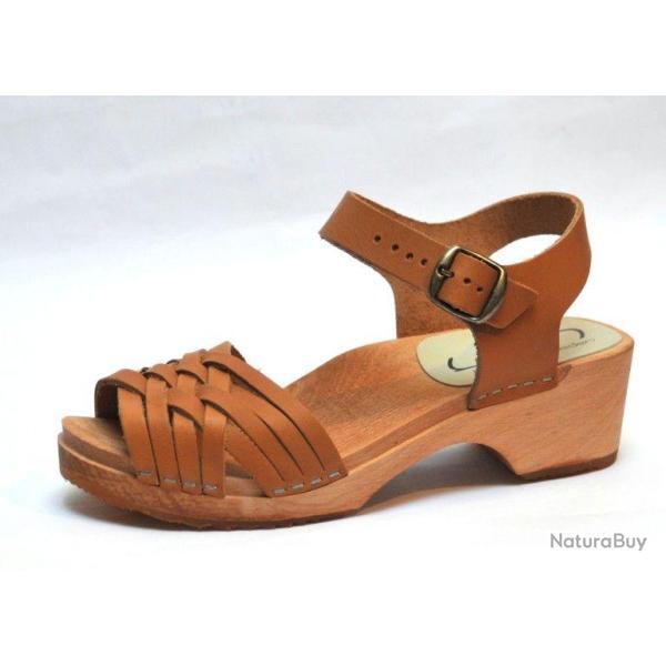 Sandales su�doises basses en bois et cuir tannage v�g�tal 35/39 moka bois naturel