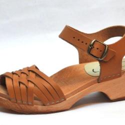 Sandales su&eacute;doises basses en bois et cuir tannage v&eacute;g&egrave;tal 40 moka bois naturel