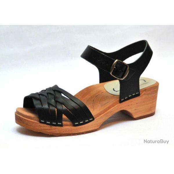 Sandales su�doises basses en bois et cuir tannage v�g�tal 41 bois naturel noir v�g