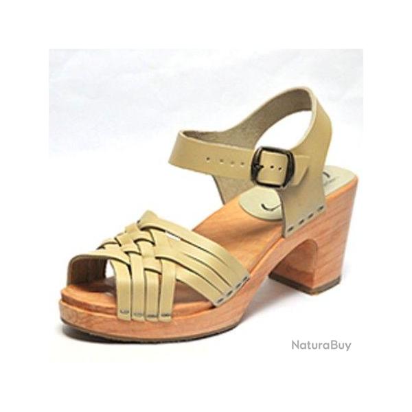 Sandales su�doises femme en cuir tress� et talon haut bois 40 cuir beige cr�me