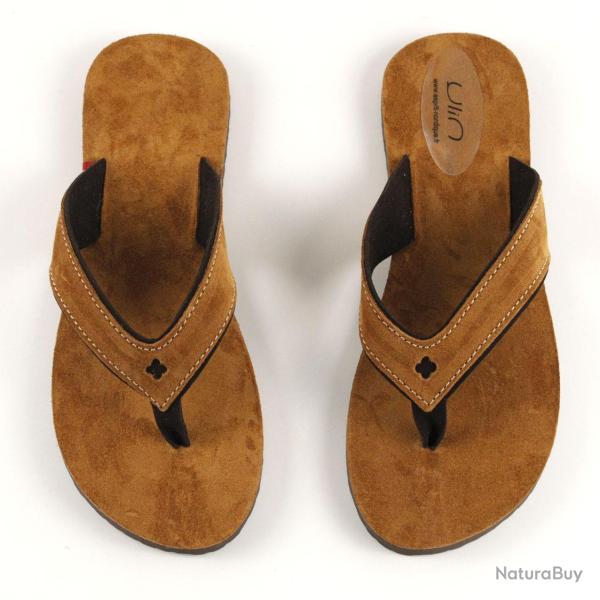 Tong femme en cuir velours kaki ou cognac 34-35 cognac