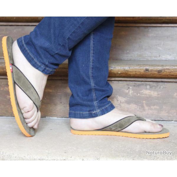 Tong femme en cuir velours kaki ou cognac vert kaki 36-37