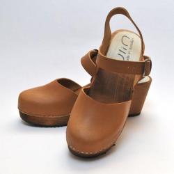 Sandale sabot su&eacute;doise femme talon haut bois et cuir V&eacute;g&eacute;tal 41 cuir cognac Veg