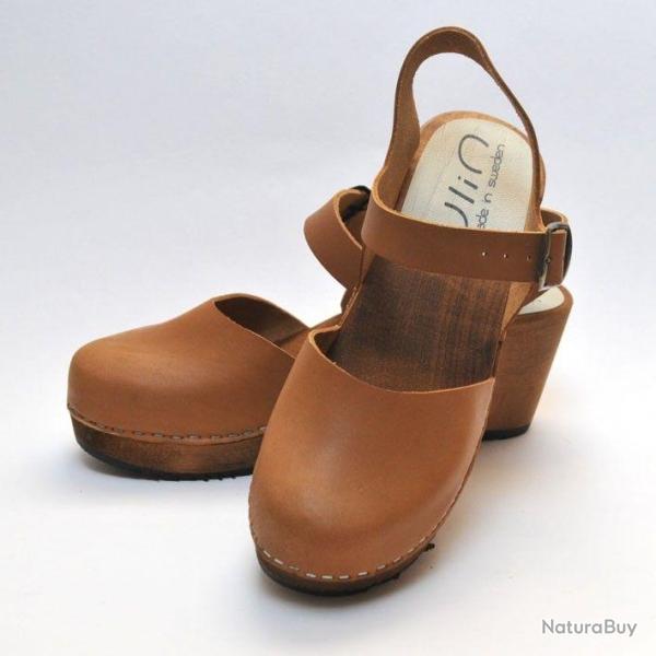 Sandale sabot su�doise femme talon haut bois et cuir V�g�tal 41 cuir pois noir