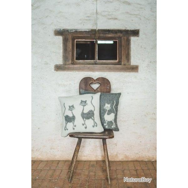 Coussin pure laine vierge chat dansant gris