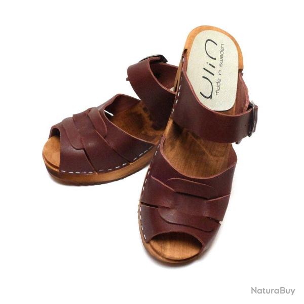 Sandale sabot femme style mules � boucle talons hauts bois et cuir tannage v�g�tal 36 cuir rouge bor