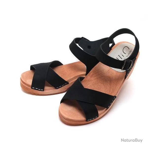 Sandales su�doises basses en bois et cuir crois� noir 35 bois naturel
