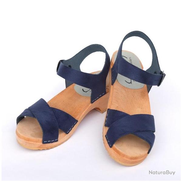 Sandales su�doises basses en bois et cuir crois� bleu marine navy 40 bois naturel