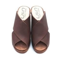 Sandale sabot femme ouverte mule su&eacute;doise &agrave; talons bois et cuir - Diva 38 brun